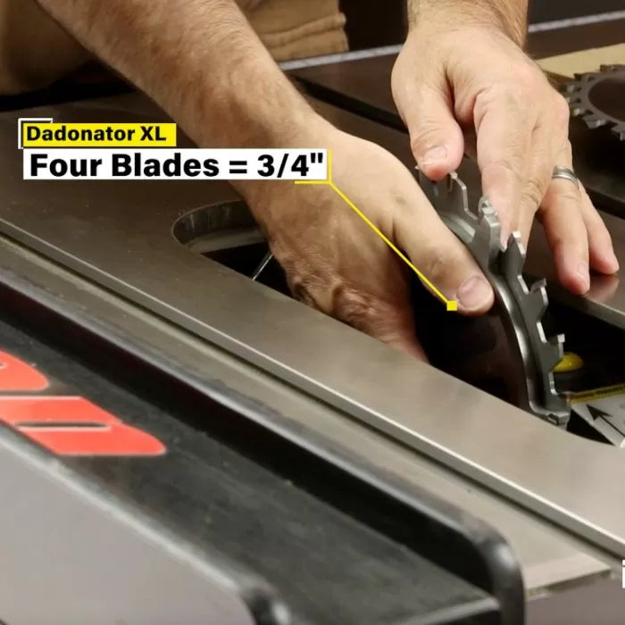 Person installing Dadonator XL dado blades on a table saw for woodworking precision cuts