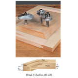 Bevel and radius router bit set on wood cabinet door with profile diagram for woodworking.
