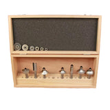 Wooden box set of router bits and bearings for woodworking projects
