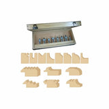 Wooden case with assorted router bits and sample wood profiles for woodworking