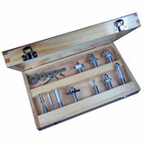 Wooden case with assorted router bits and bearings for woodworking precision