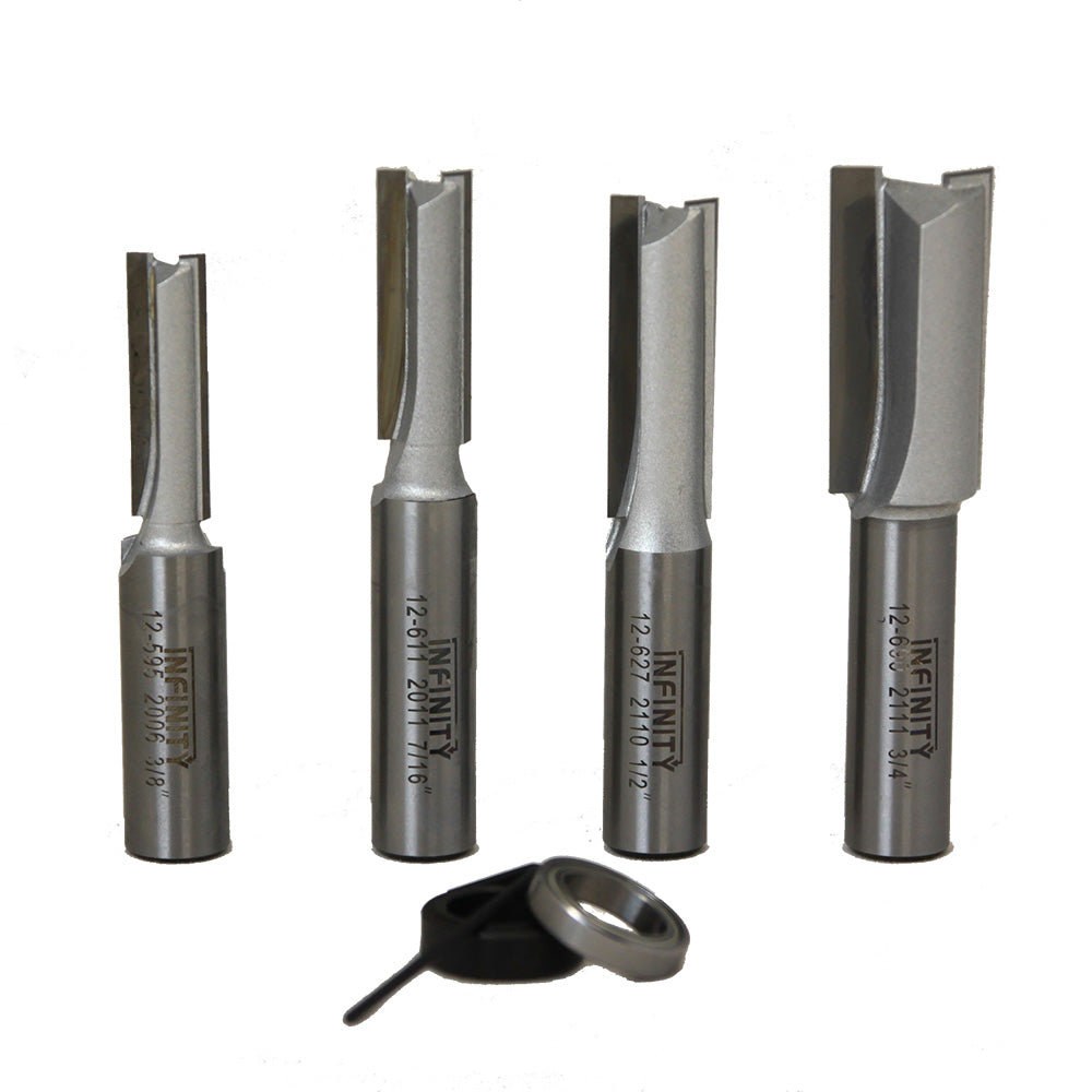 Set of four straight router bits with bearing and hex key for woodworking projects