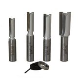 Set of four straight router bits with bearing and hex key for woodworking projects