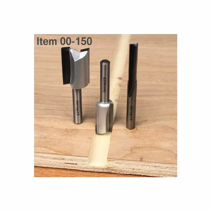 Set of three carbide router bits for woodworking on plywood surface, item 00-150.