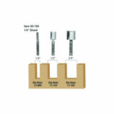 Three straight router bits with 1/4, 1/2, and 3/4 inch cutting diameters and wood grooves.
