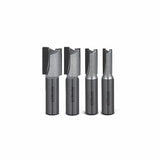 Set of four straight router bits for woodworking, displayed upright on white background