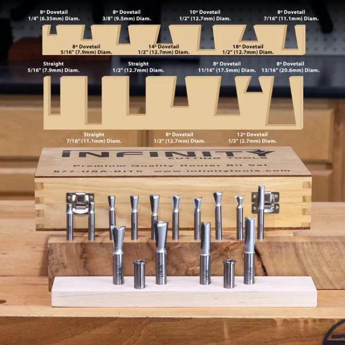 Router bit set with wood box and labeled profiles, includes dovetail and straight bits for woodworking.