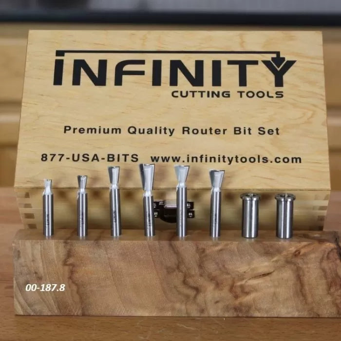 Seven metal router bits displayed in front of a wooden case labeled Premium Quality Router Bit Set.