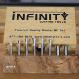 Seven metal router bits displayed in front of a wooden case labeled Premium Quality Router Bit Set.