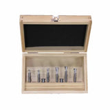 Woodworking router bit set in open wooden case, precision tools for cutting and shaping wood