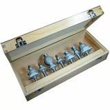 Woodworking router bit set with six bits in a wooden storage case
