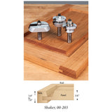 Three woodworking router bits with bearing guides on a wooden cabinet door frame and shaker profile diagram.