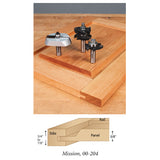 Mission style router bits set with sample cabinet door frame and joinery diagram