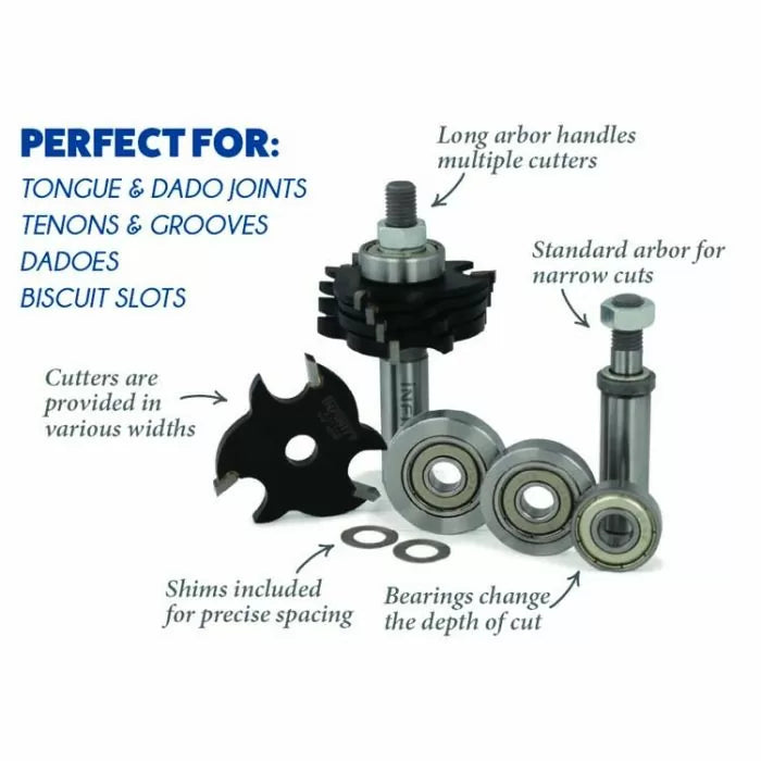 Router table cutter set with arbors, bearings, shims, and blades for dado, tongue, groove joints.