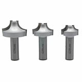 Set of three roundover router bits for woodworking on white background
