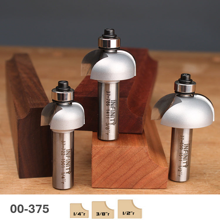 Woodworking roundover router bits set with 1/4, 3/8, and 1/2 inch radii on wood blocks