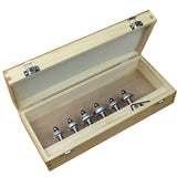 Wooden case with six round carbide-tipped router bits and hex key for woodworking