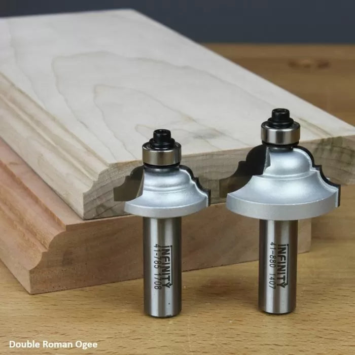 Double Roman ogee router bits with ball bearing guides shown beside decorative wood molding