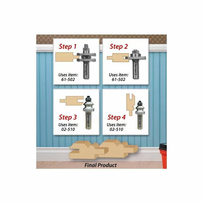 Woodworking router bit joinery steps with diagram and final cut wooden pieces