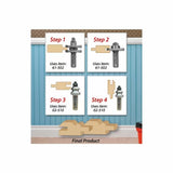 Woodworking router bit joinery steps with diagram and final cut wooden pieces