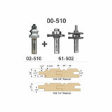 Router bit set with diagram for joinery cuts in 3/8 and 1/2 inch woodworking material