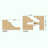 Diagram of woodworking router bit profiles with dimensions for edge and joinery cuts.