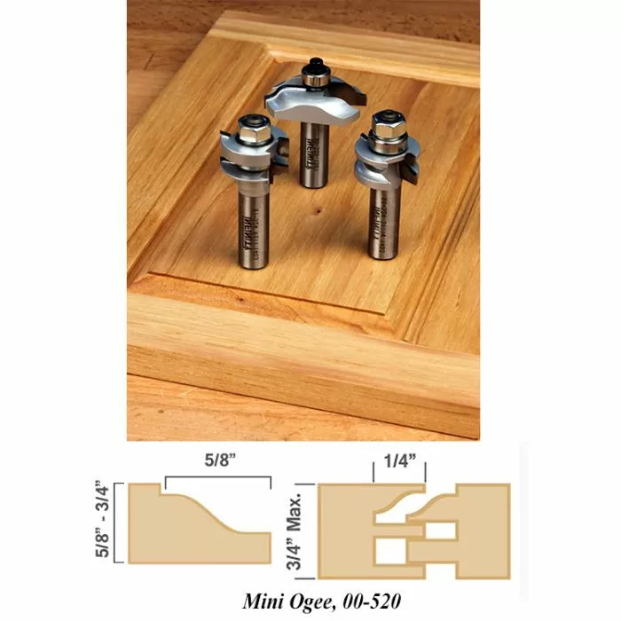 Mini ogee router bits set on a wooden cabinet door, with profile diagrams and dimensions.