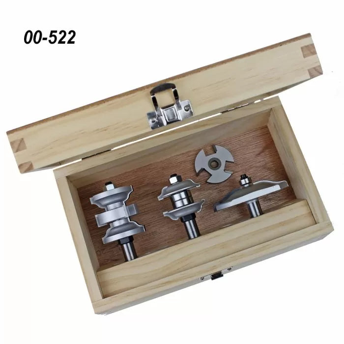 Woodworking router bit set with four metal router bits in a wooden storage box, labeled 00-522.