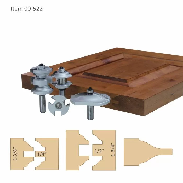 Cabinet door router bit set with carbide-tipped cutters and wood panel profile examples