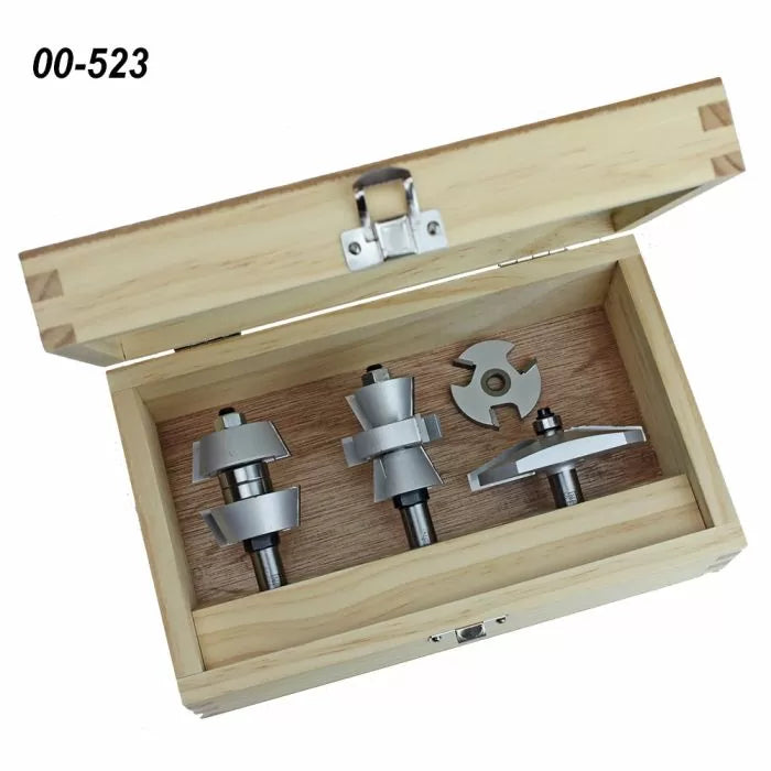 Router bit set in wooden box, four woodworking bits displayed neatly, code 00-523 visible.