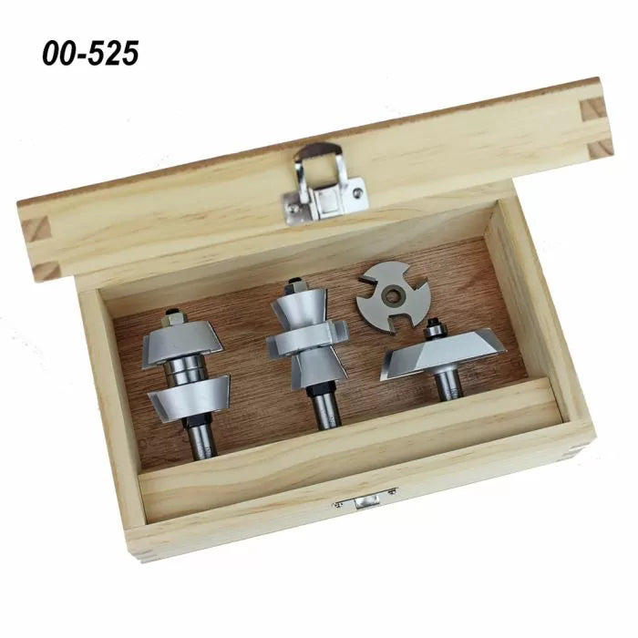 Wood router bit set with four carbide-tipped bits in a wooden case, labeled 00-525