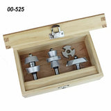 Wood router bit set with four carbide-tipped bits in a wooden case, labeled 00-525