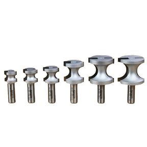 Set of six bullnose router bits in graduated sizes for woodworking, displayed on white background.
