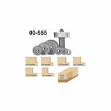 Router bit set with multiple bearings and sample rabbet and flush trim profiles for woodworking.