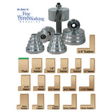 Rabbet router bit set with multiple bearings and profile chart for precise woodworking cuts