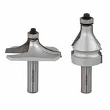 Two silver woodworking router bits with bearings on a white background