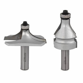 Two silver woodworking router bits with bearings on a white background