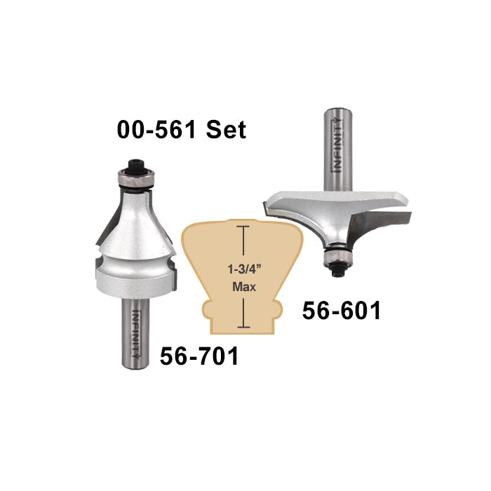 Router bit set with edge forming and slot cutting bits, woodworking tool diagram shown.
