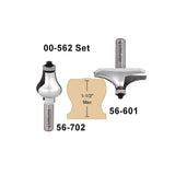 Router bit set with 56-601 and 56-702 bits for shaping 1-1/2 inch max woodworking profiles