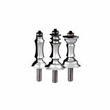 Three decorative router bits for woodworking with intricate profiles on a white background.