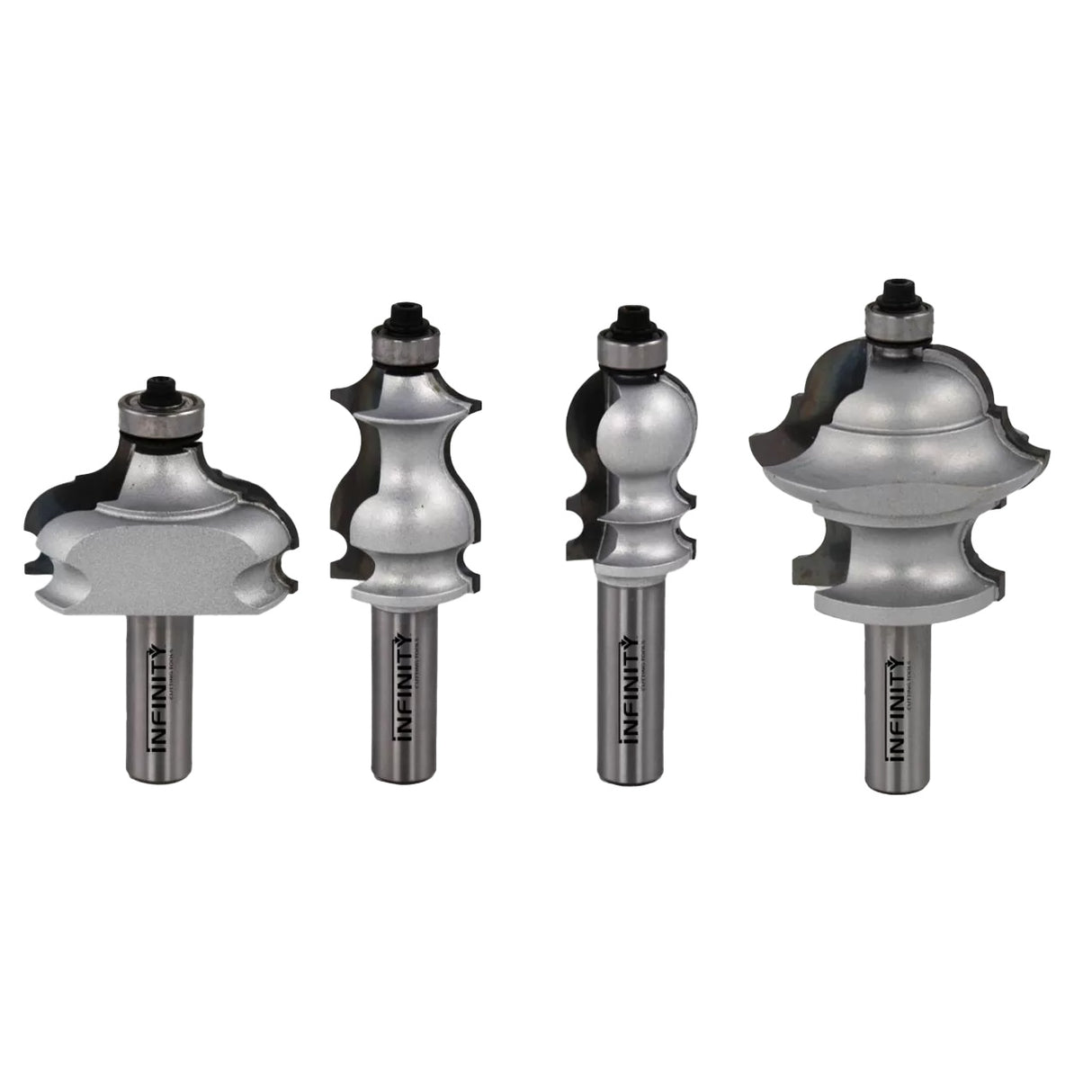 Set of four decorative carbide router bits for woodworking on white background