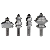 Set of four decorative carbide router bits for woodworking on white background