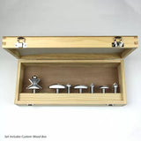 Woodworking router bit set in custom wooden box, ideal for precision cutting and shaping.