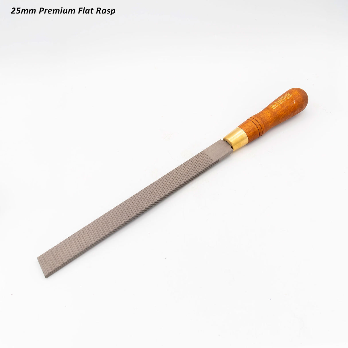 25mm flat woodworking rasp with wooden handle and textured steel blade on white background
