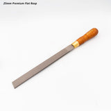 25mm flat woodworking rasp with wooden handle and textured steel blade on white background