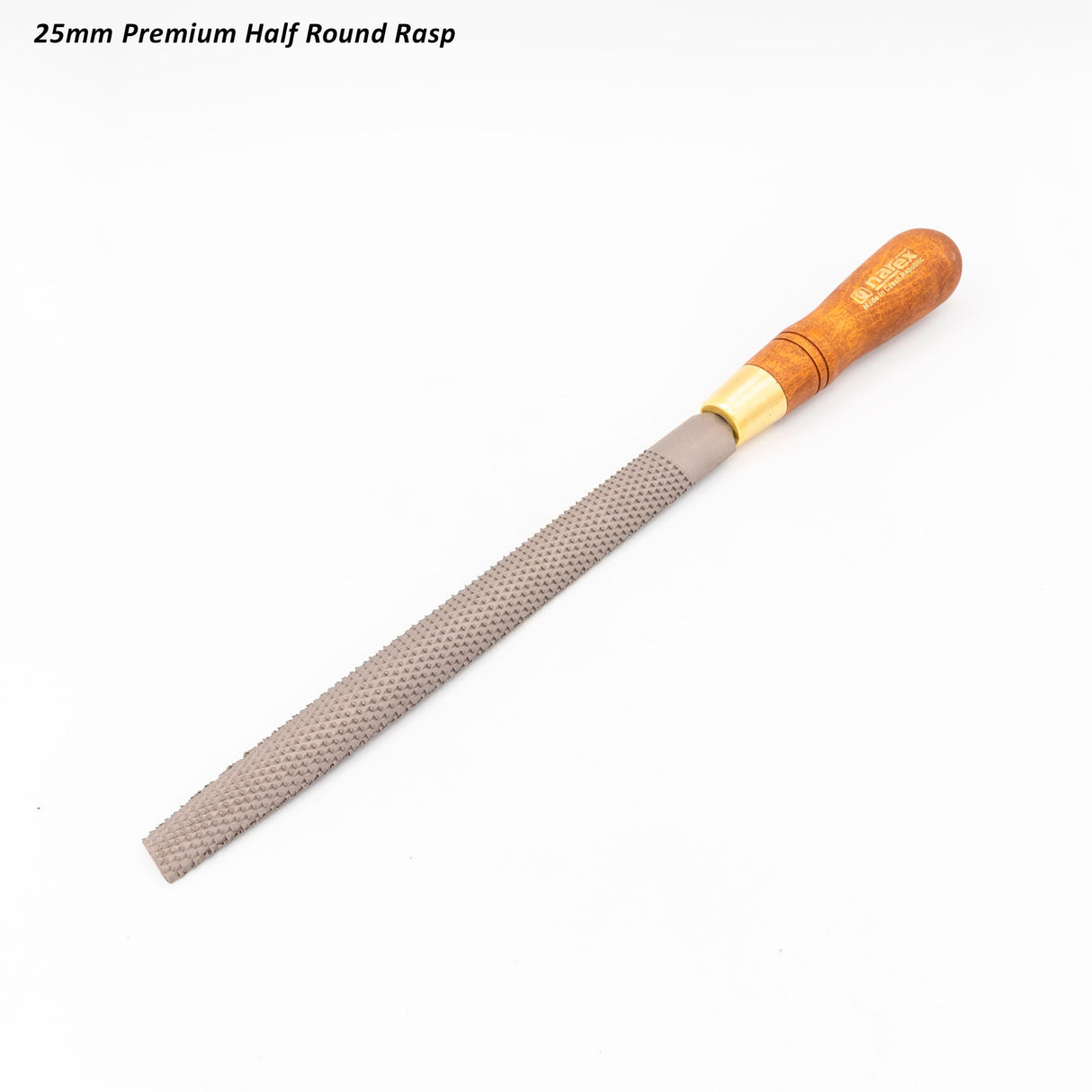 25mm half round wood rasp with textured steel blade and wooden handle for woodworking