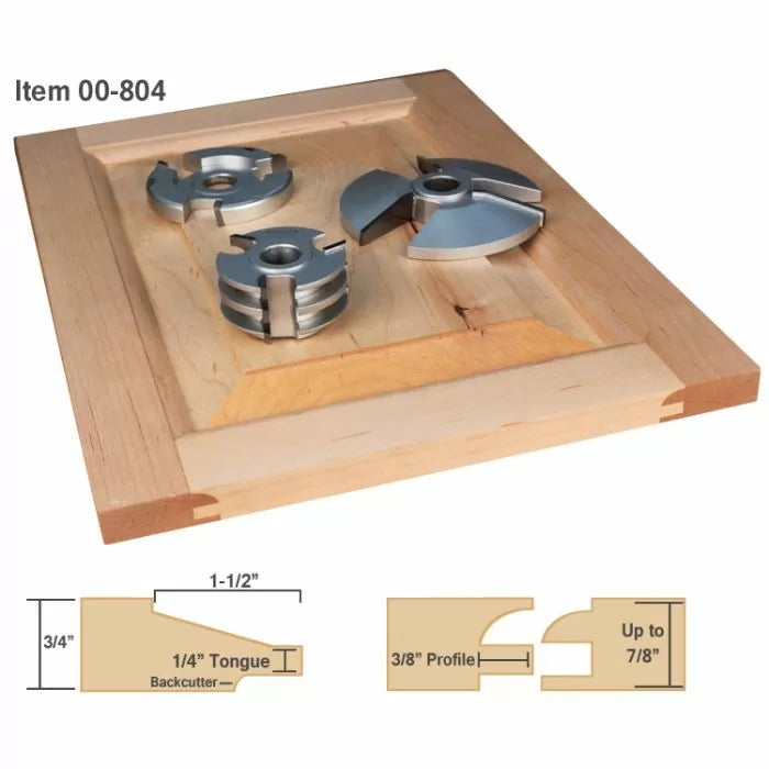 Cabinet door making shaper cutter set with three steel cutters on a wooden panel, woodworking profile diagrams below.