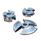 Three metal woodworking shaper cutter heads on white background, used for precise joinery cuts.