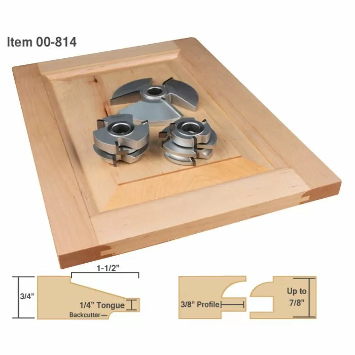 Carbide woodworking router cutter set on a cabinet door with joinery profile diagrams