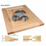 Carbide woodworking router cutter set on a cabinet door with joinery profile diagrams
